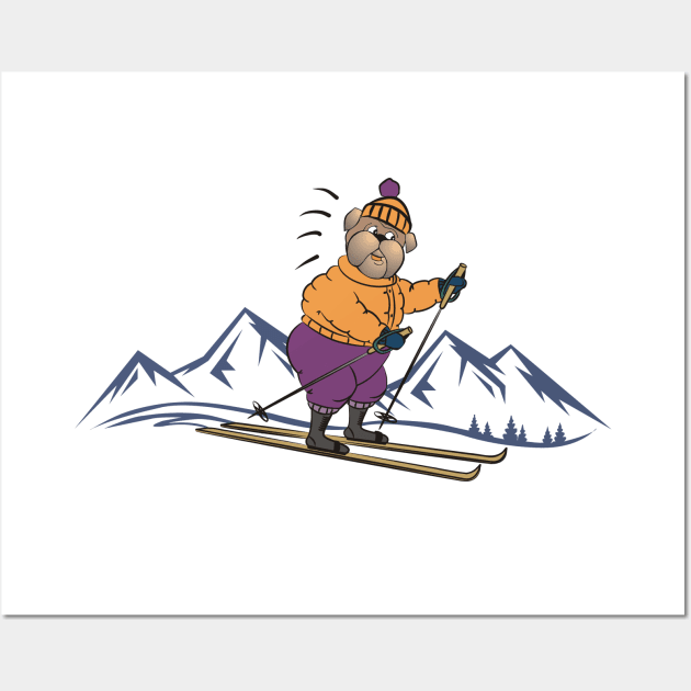 Cute Cartoon Dog Skiing in the Winter Mountains Wall Art by Pixels Pantry